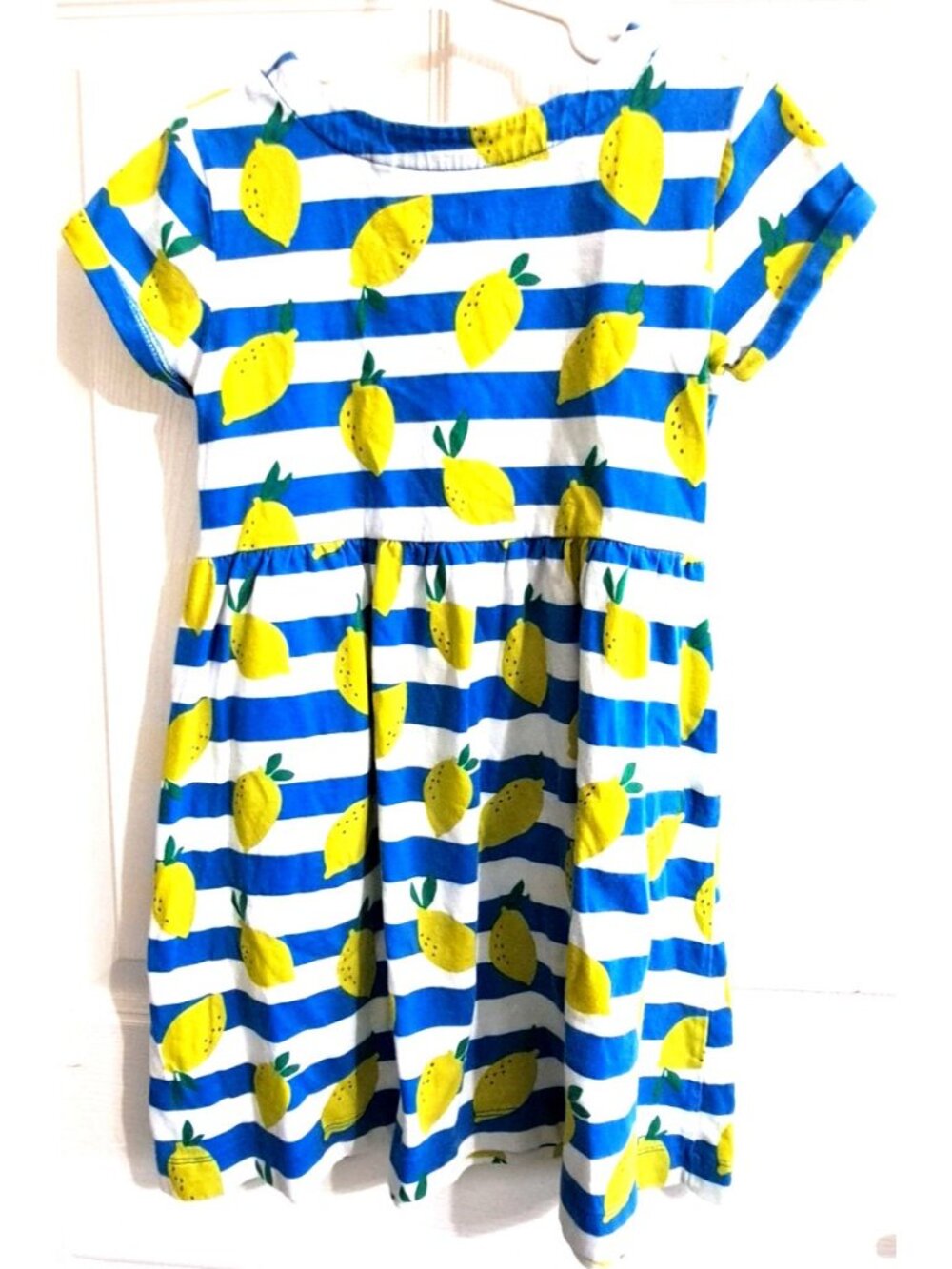 Mini Boden Girl's 7/8 Multicolor Short Sleeve Lemon Print Blue Striped Dress